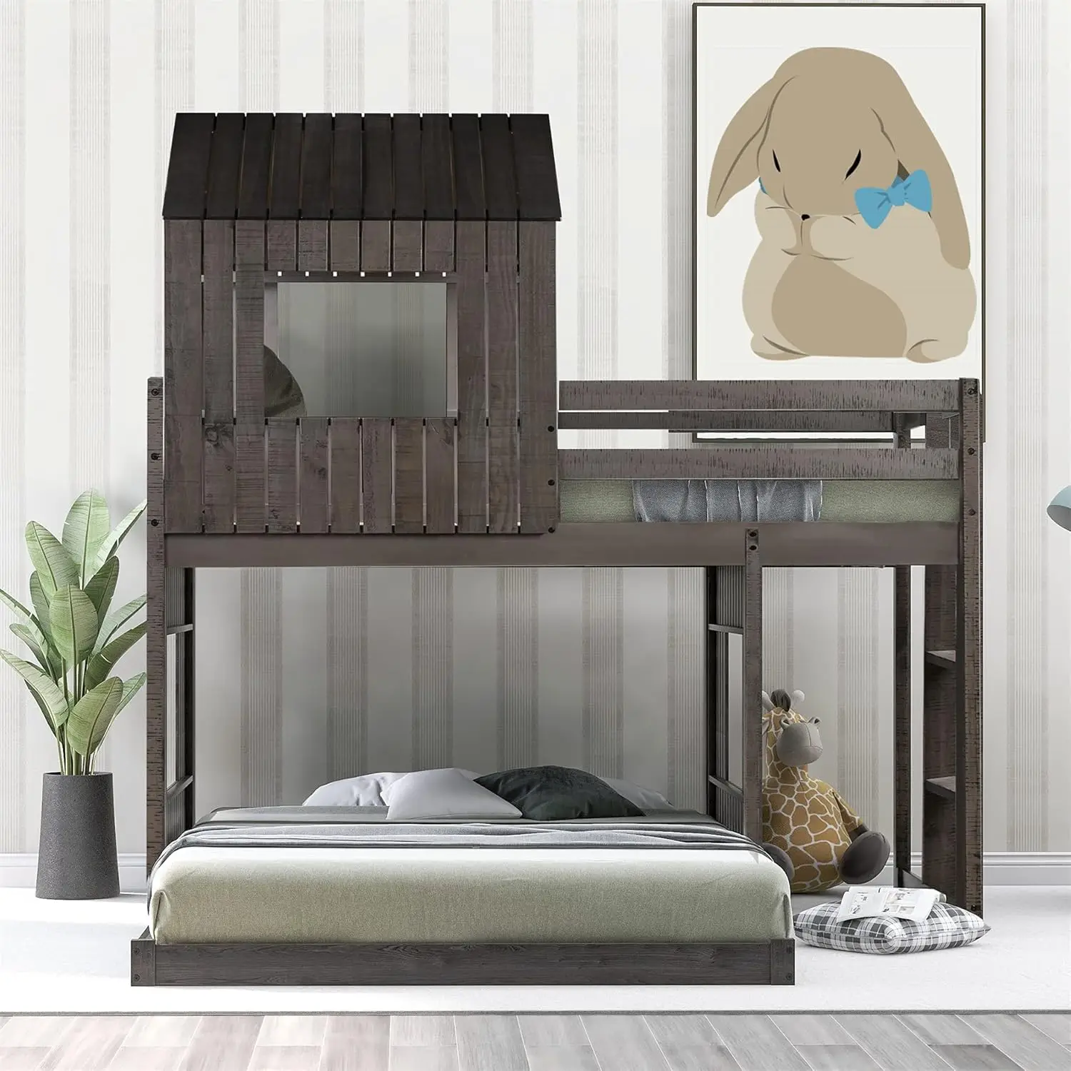 Harper & Bright Designs Twin Over Full Bunk Bed, House Shaped Solid Wood Bunk Bed with Roof, Window, Guardrail and Ladder