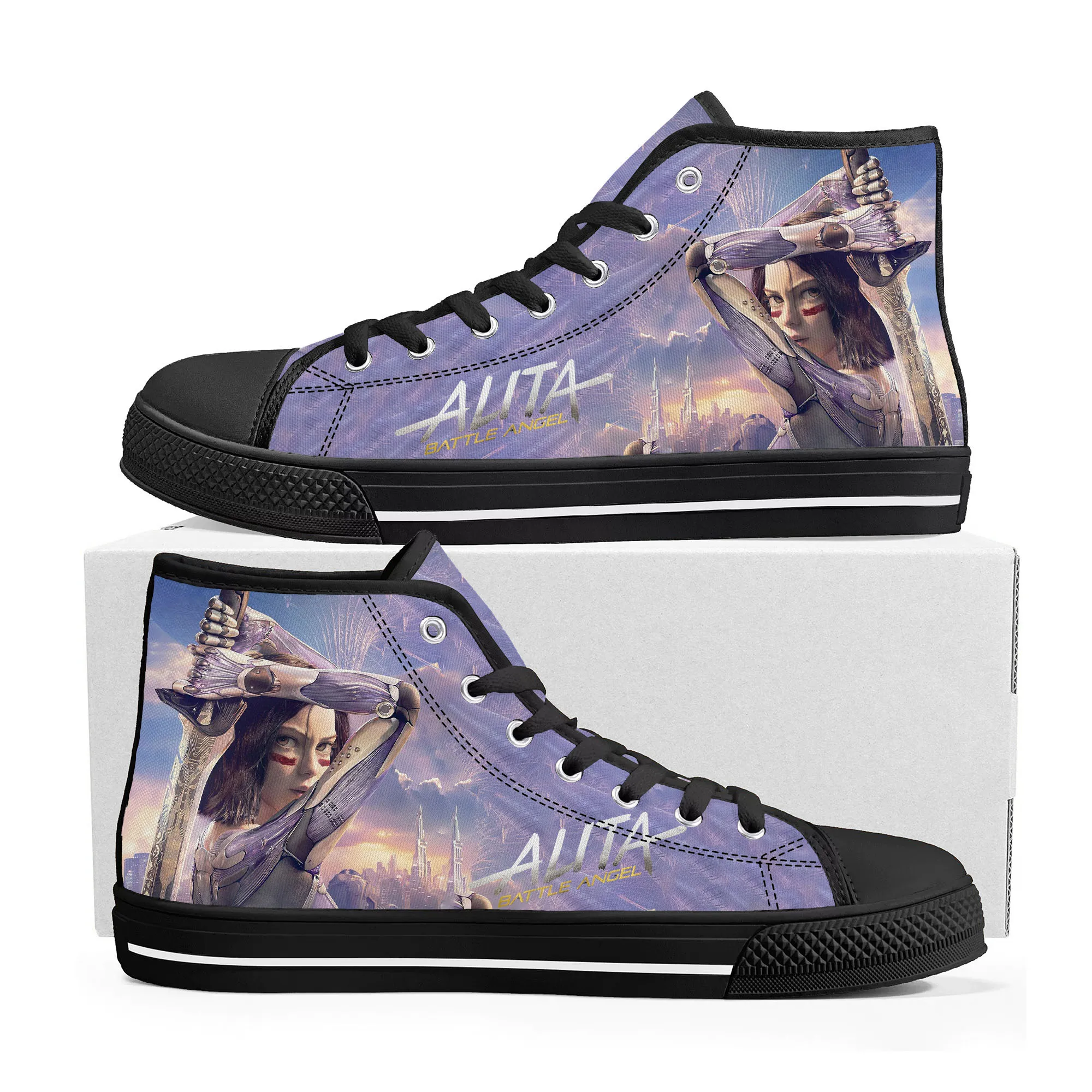 Alita Battle Angel High Top Sneakers para homens e mulheres, tênis de lona casual, sapatos feitos sob medida para adolescentes casais, alta qualidade