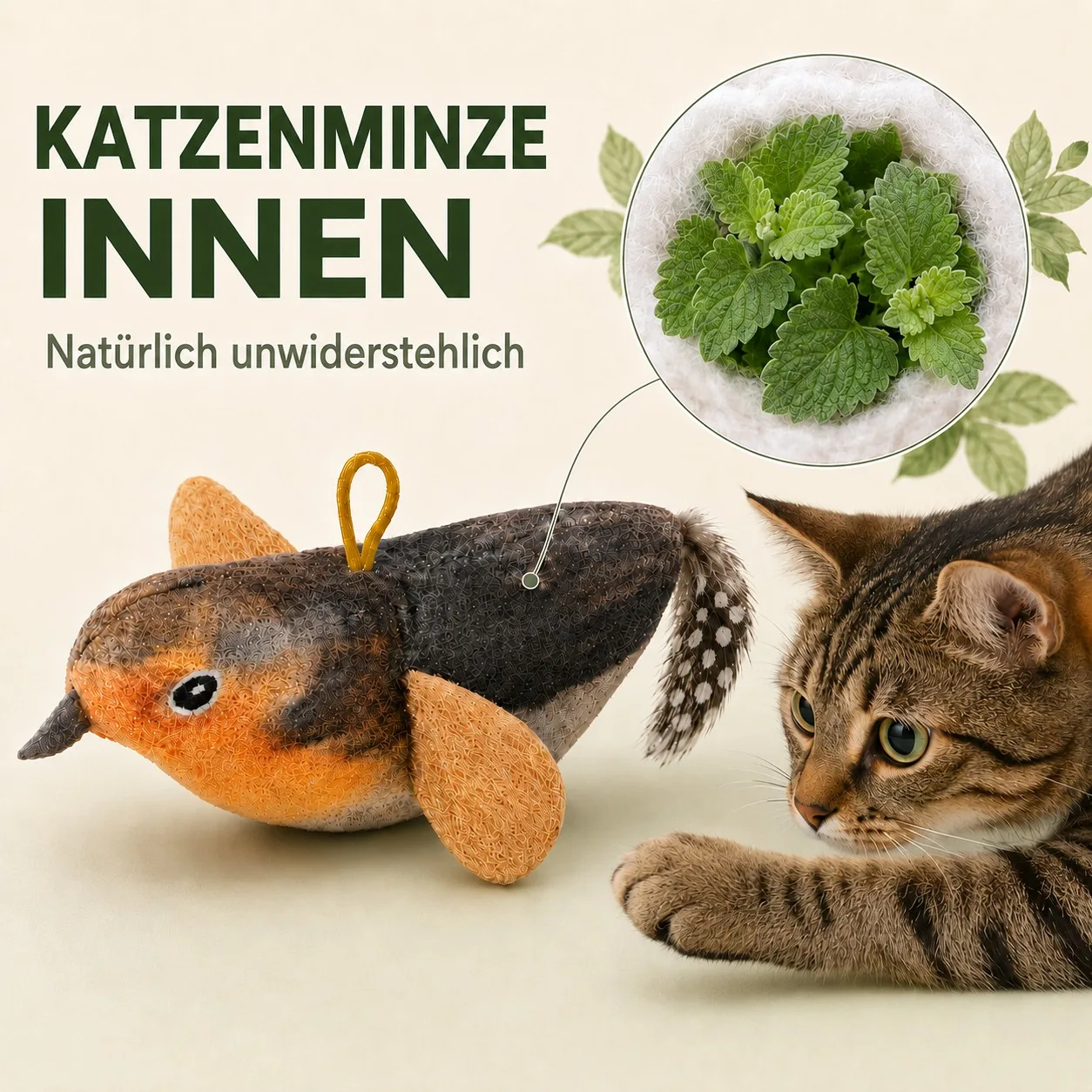 Interaktives hängendes Katzenspielzeug Vogel-Teaser mit elastischem Seil, Sound und Katzenminze, wandmontiertes Indoor-Spielzeug für Katzen und Kätzchen zum Jagen und Spielen – Detail 4