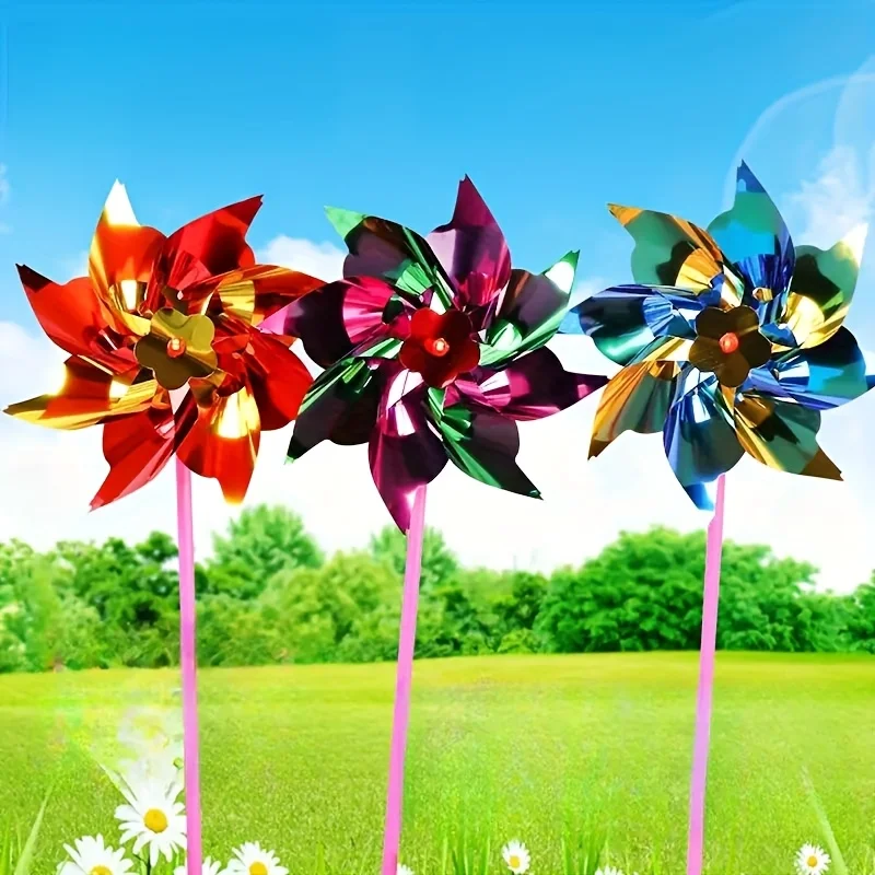 50 Stück Plastik-Laser-Glitzer-Windräder, Bunte Windmühlen für Gartendekoration, DIY Outdoor-Spinner für Gartenparty Rasendekoration – Detail 7