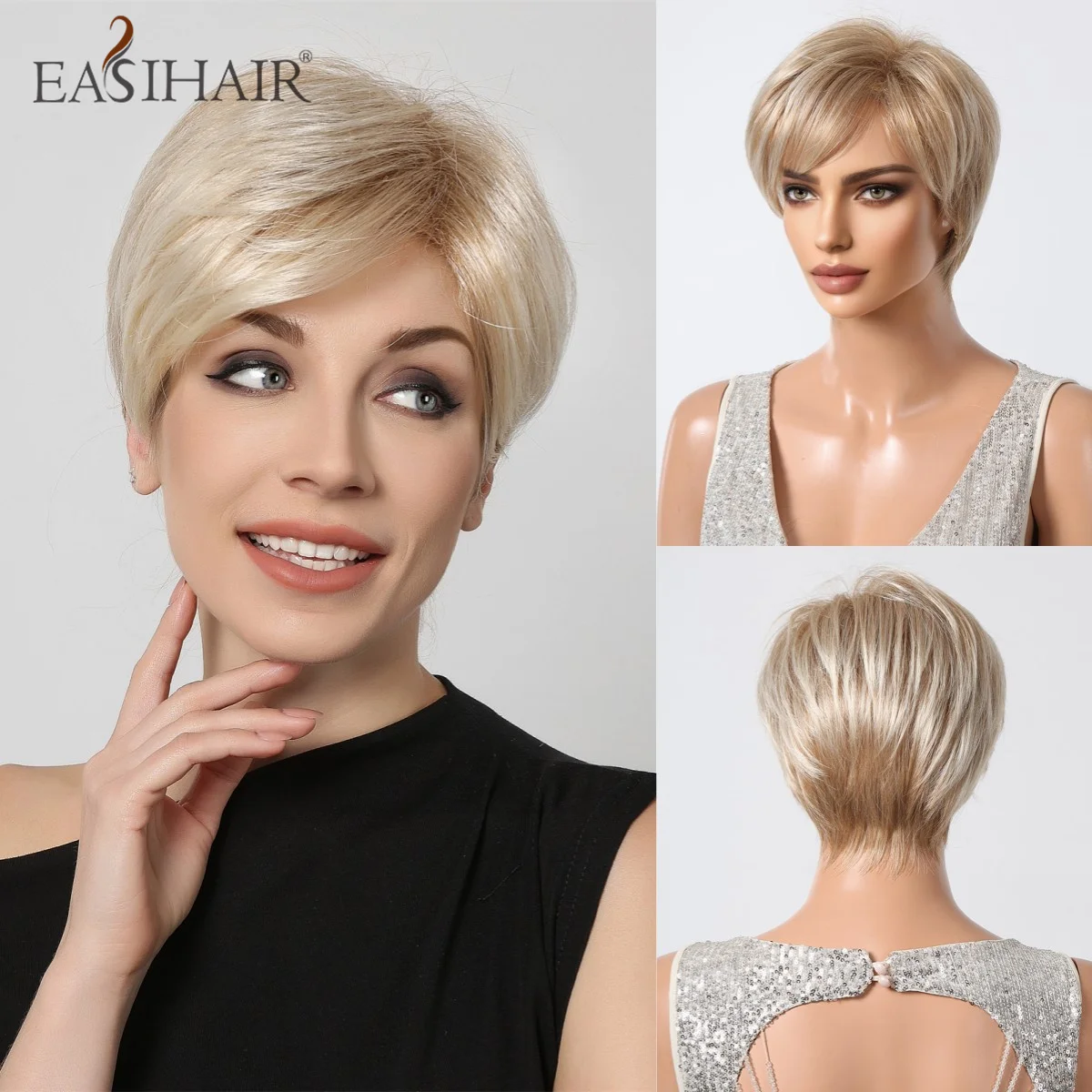 EASIHAIR Golden Brown Synthetic Wig Short Pixie Cut Blonde Wigs with Bangs Natural Layered Fake Hair for Women Cosplay Party