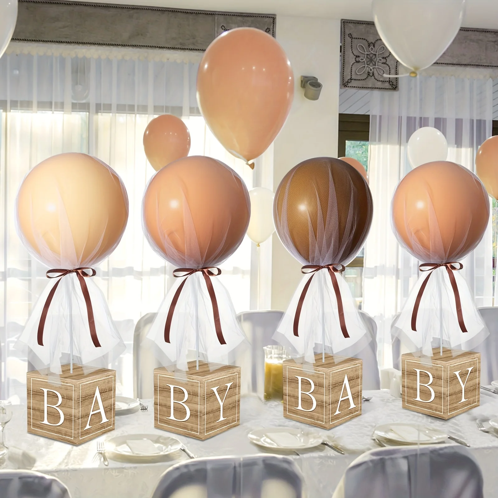 

6pcs Set of Brown Bear Tulle Tutu Balloons with Letter Boxes, Perfect for Shower Table Centerpieces And Gender Reveal Events. In