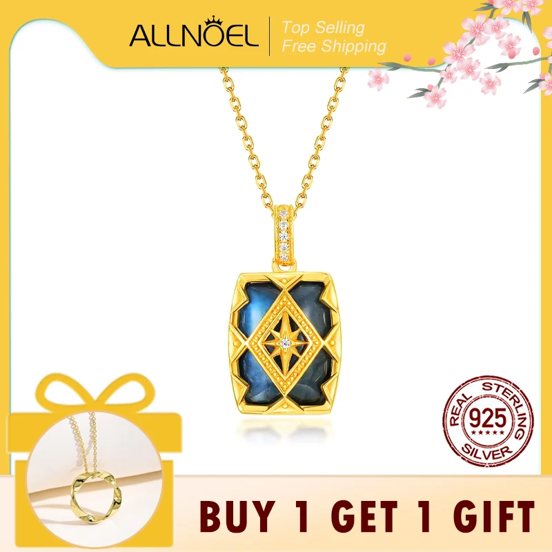 

ALLNOEL 925 Sterling Silver Pendant Necklace for Women Natural 10*13mm Labradorite Gemstone Gold Plated Luxury Fine Jewelry Gift