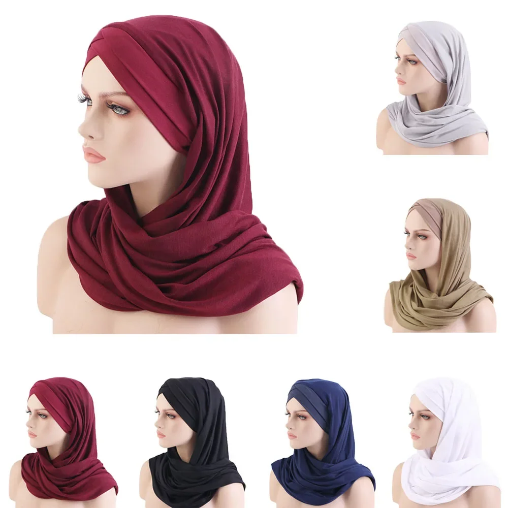 Forehead Fold Cross Solid Color Instant Hijabs One Size Amira Muslim Women Hijab Headwrap Headscarf Pull On Turban Hat Cap Shawl