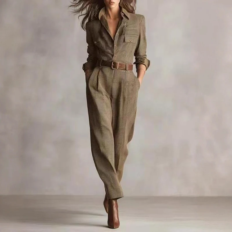 Damski kombinezon z klapami, guzikami, kieszeniami, długim rękawem, luźny, na imprezę, casualowy, jednolity kolor, modny.