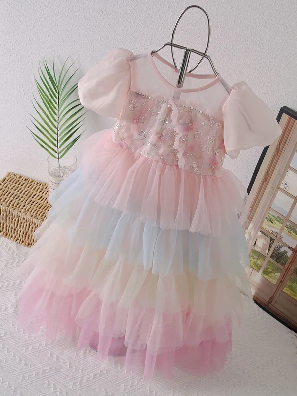 

Girls Bubble Sve Dr Sparkling Sequin Tulle Cake Princ Gown New 2025 Faion Little Girl Skirt Chinese Sle Summer O...