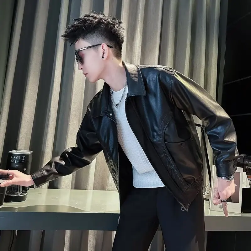 

American Sle Vintage Leather Jaet Men's Loose PU Motorcycle Clothes Autumn Faion Brand Casual Long Sve Coat