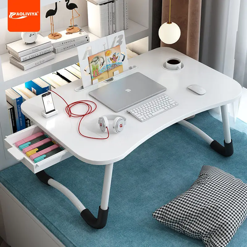 AOLIVIYA Bed Desk Folding Small Table with Drawers Junior High School Online Class Study Table Computer Table College Student