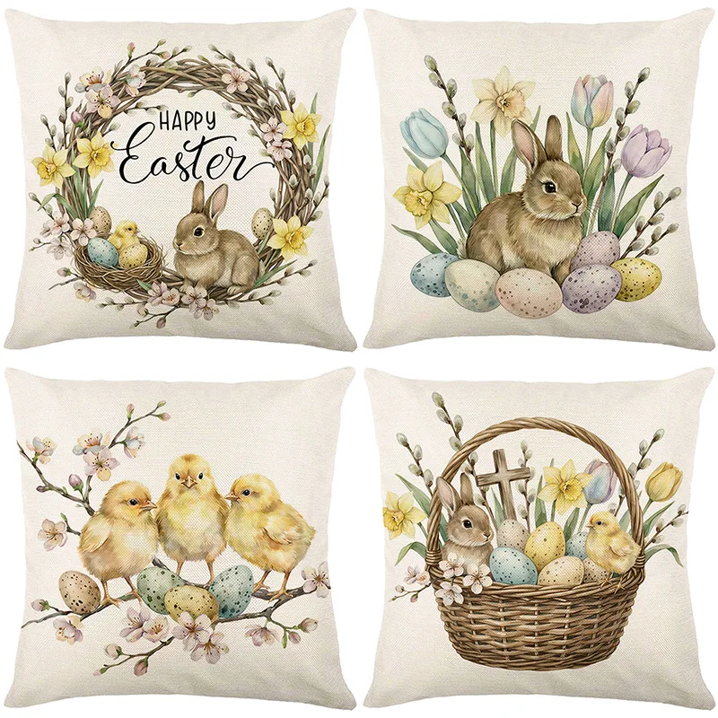 Bunny Floral Cushion Covers Set Of 4,45 x 45 cm Spring Rabbit Decorative Throw Pillow Covers for Sofa Couch Home Easter Decor
