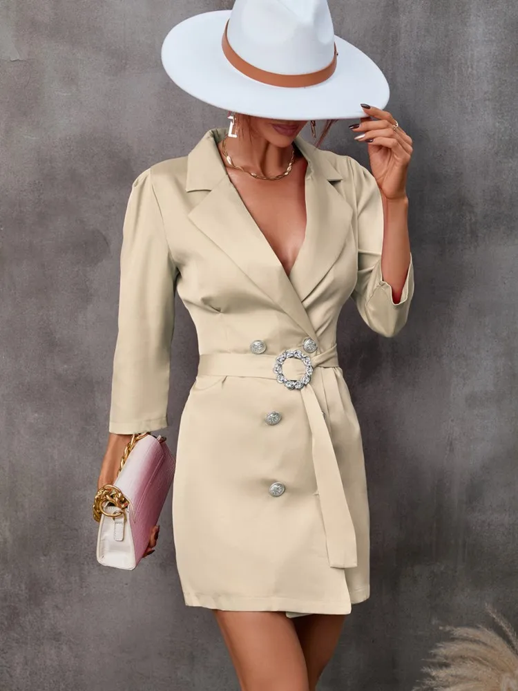 

Summer Elegant Women's Bodycon Dress New Arrival Style Deep V-neck Long Sleeved Shiny Button Studded Diamond Waistband Sexy Suit