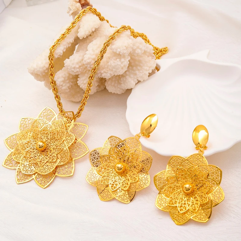 Fashion Gold Color Drop Earrings Necklace Jewelry Sets Women Dubai African Luxury Geometric Italy Wedding Party Jewellery