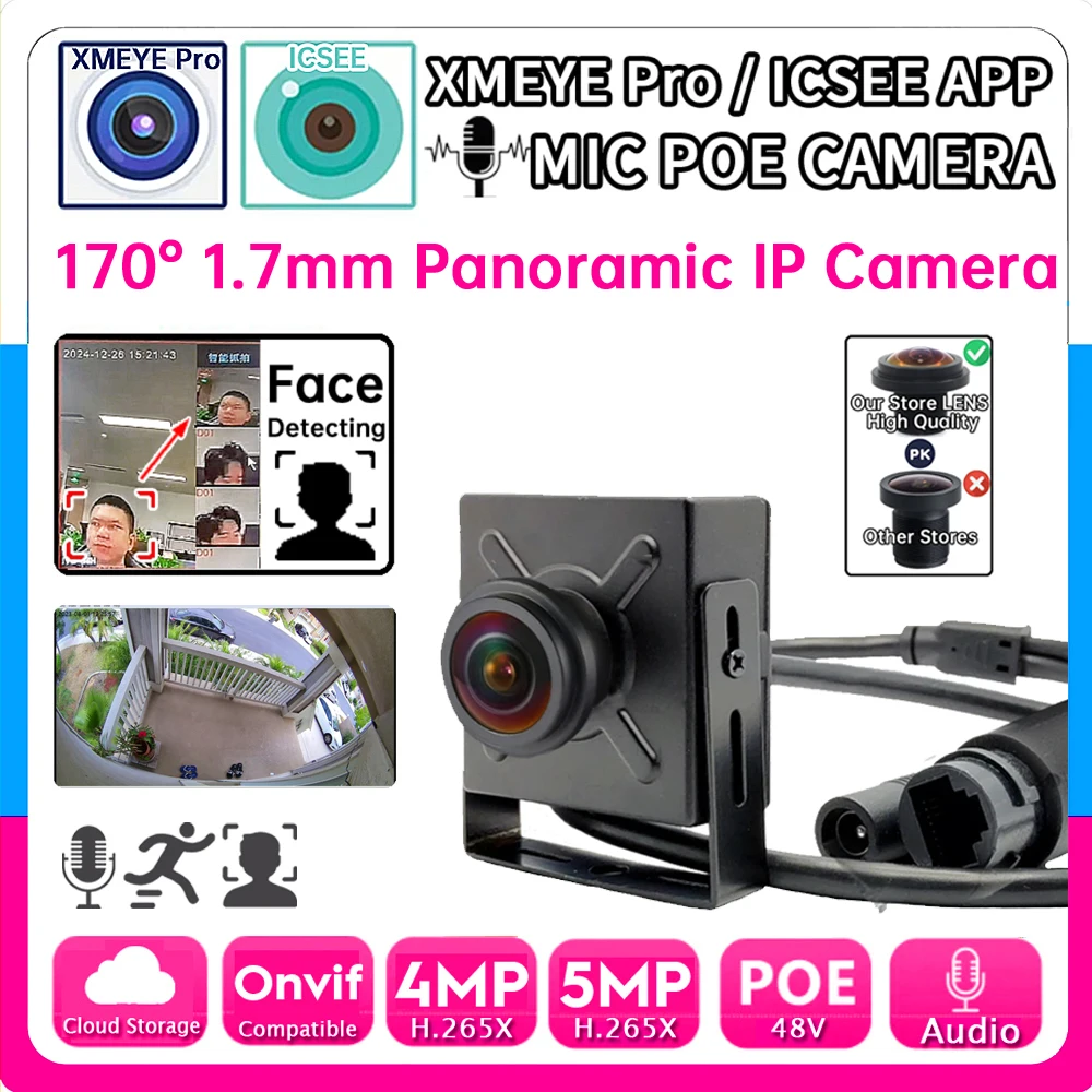 

Металлическая аудио IP POE Мини-панорамная камера 1,7 мм FishEye 5MP 4MP Супер большой угол 170 H.265 Микрофон Onvif Обнаружение лица/движения XMEYE