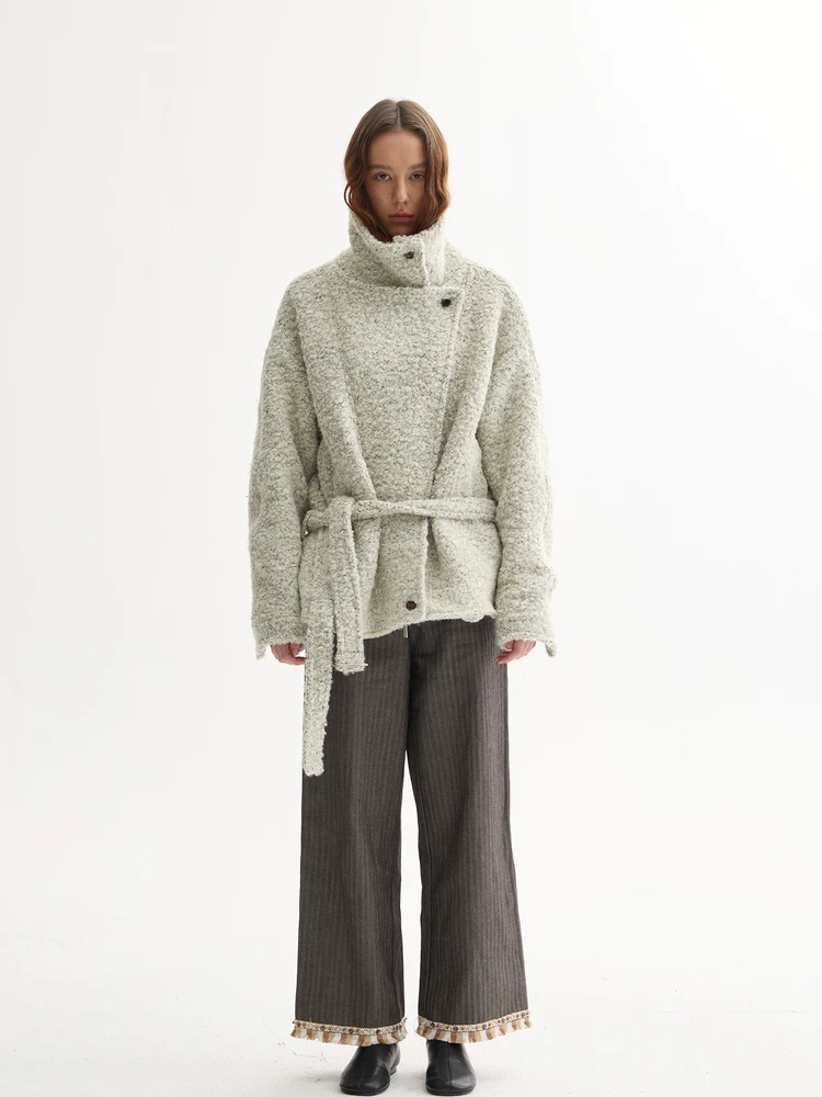 

Шерстяное пальто Furifuri средней длины с пуговицами из натурального рога, поясом, круговым узором, для повседневной носки, с длинными рукавами, на молнии, однотонное