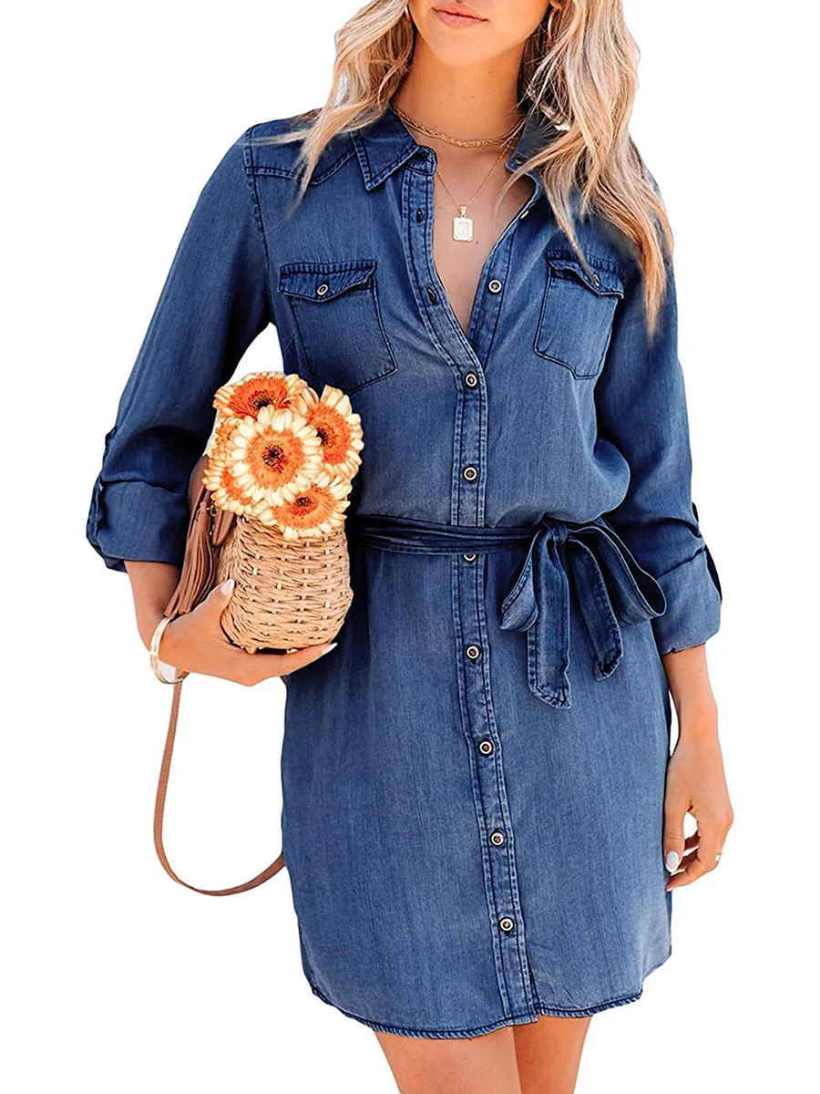 Women s Collar V Neck Button Down Pleated Long Sleeve Denim Tie Waist Casual Jean Pocket Mini Dresses with Belt