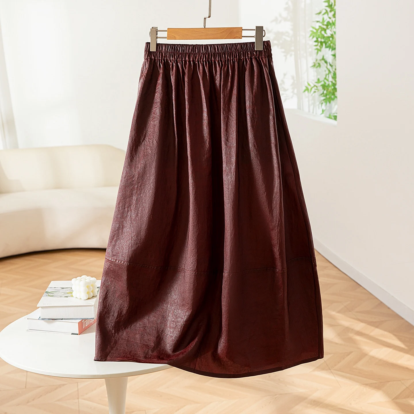 Winsleter-100%本物のシルク水洗いガーゼエレガントスカート、伸縮性ウエストクラックル、女性通勤ランタンスカート、2025年秋B59668CC