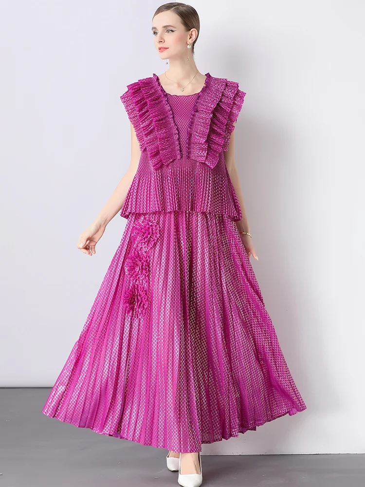 

High-End Ruffle Loose Three-Dimensional Top Two-Piece Set Women's Sexy Split Plate Flower Versatile Pleated Long Skirt Suits