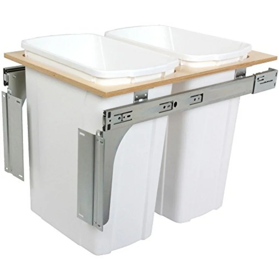 

35 Qt. Double Top Mount Pull Out Trash Can, in-Cabinet Kitchen Garbage, D Steel, 18 in. H x 15 in. W x 23 in., White