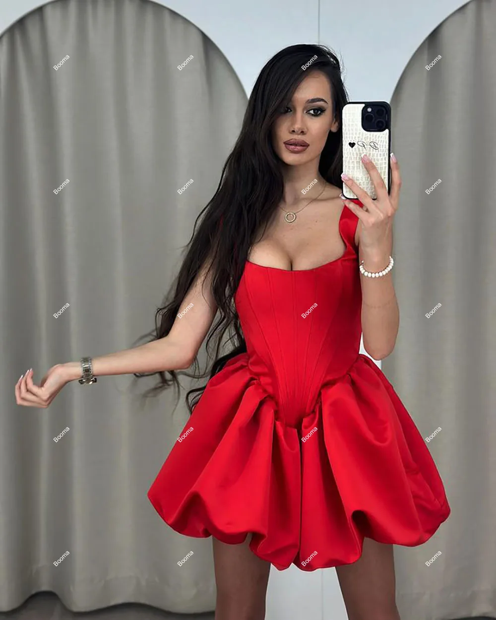 Booma Red A-Line Mini Prom Dresses Puff Skirt Homecoming Cocktail Dress Sleeveless Pleats Special Occasion Party Gowns Outfits