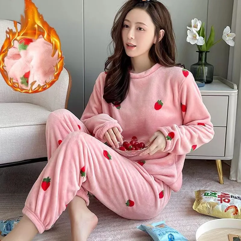 

Women Pyjamas Sets Autumn Winter Warm Flannel Strawberry Coral Long Sleeve Girls Sleepwear Casual Fleece Pajamas Homewear 2023