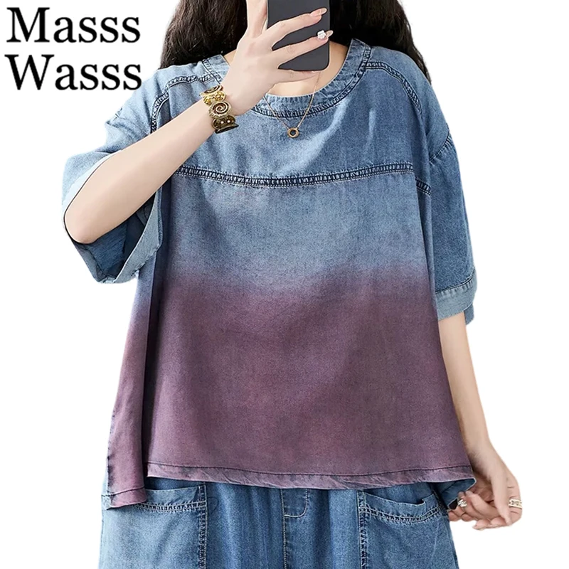Masss Wasss 2026 Summer Classic Leisure Tee Shirts Womens British Design Loose Denim Tops Females Vintage Fashion O Neck Clothes