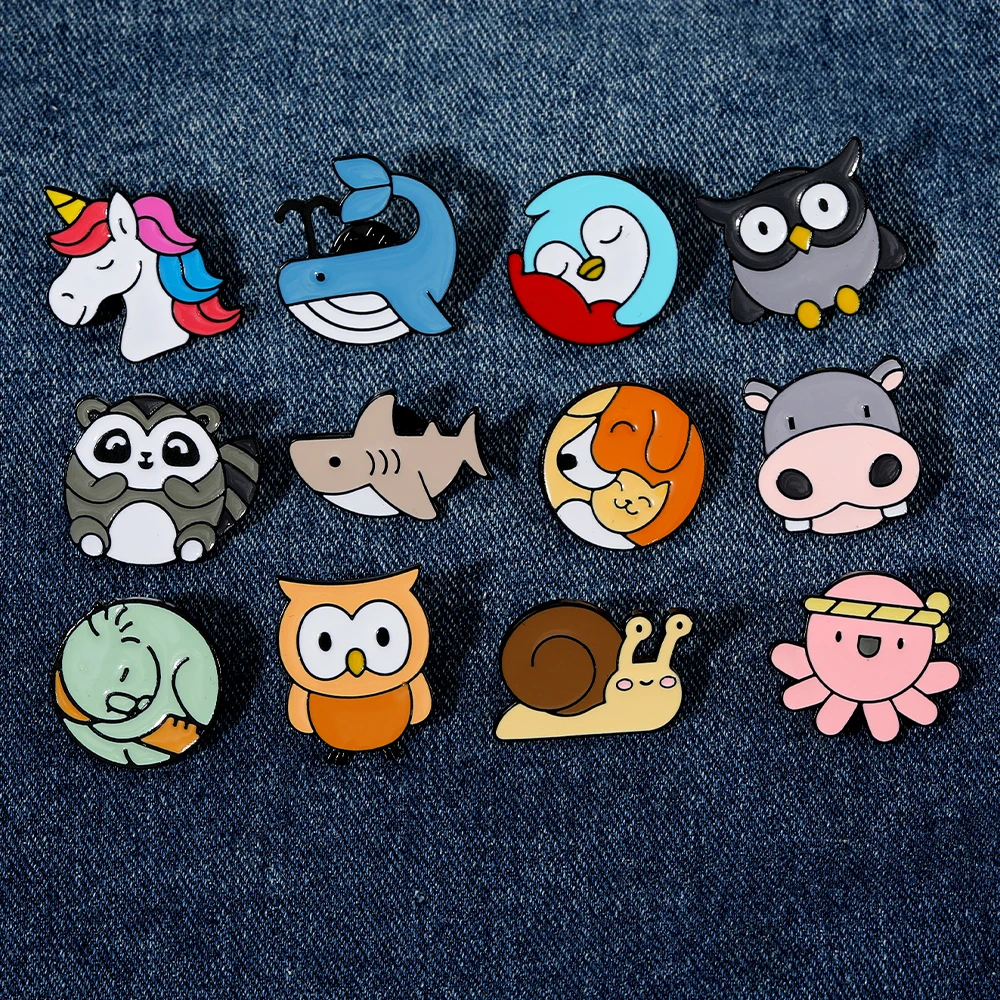 Cartoon Round Animal Collection Enamel Brooches Owl Snail Cow Karadog Raccoon Whale Octopus Bird Shark Unicorn Shaped Pins