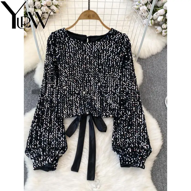 YUERWANG Women T Shirt 2025 Spring Backless Bow Lace Up Sequin Velvet Tshirt Fashion Loose T Shirts Tee Shirt Female Top Tshirts