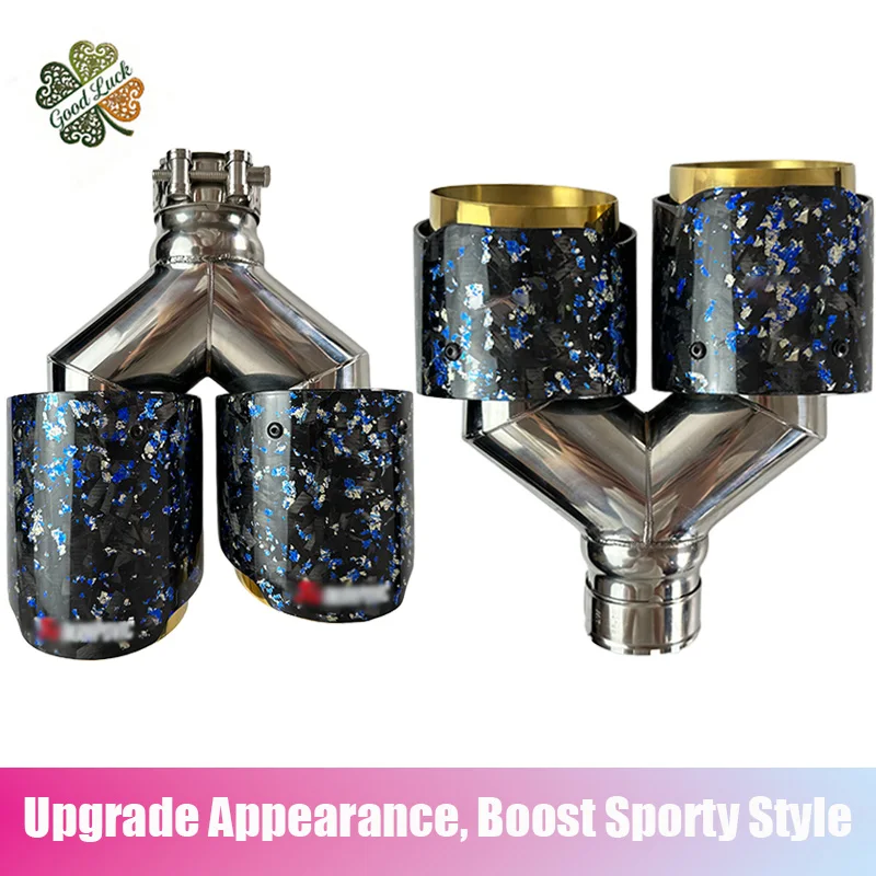 

1PC AK Logo Gloss Blue Aluminum Foil Carbon Fiber Y-Shaped Exhaust Tip, Inner Golden Liner Compatible with BMW Modification