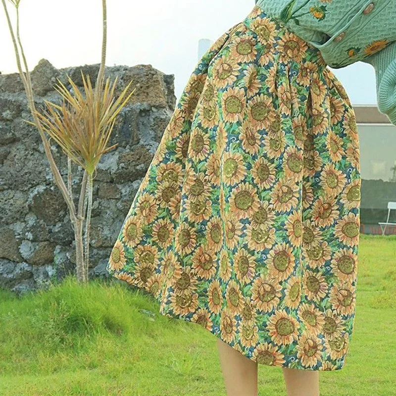 Female sunflower jacquard high waist slimming half body skirt  vintage  maxi skirt  LOOSE FIT  korean style