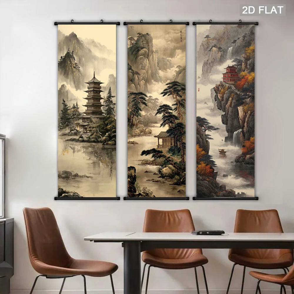 VIKAMA Chinese Style Landscape Tapestry, Retro Ink Wash Pine Cypress Pagoda, Wall Scroll Art, Oriental Home Wall Hanging Decor