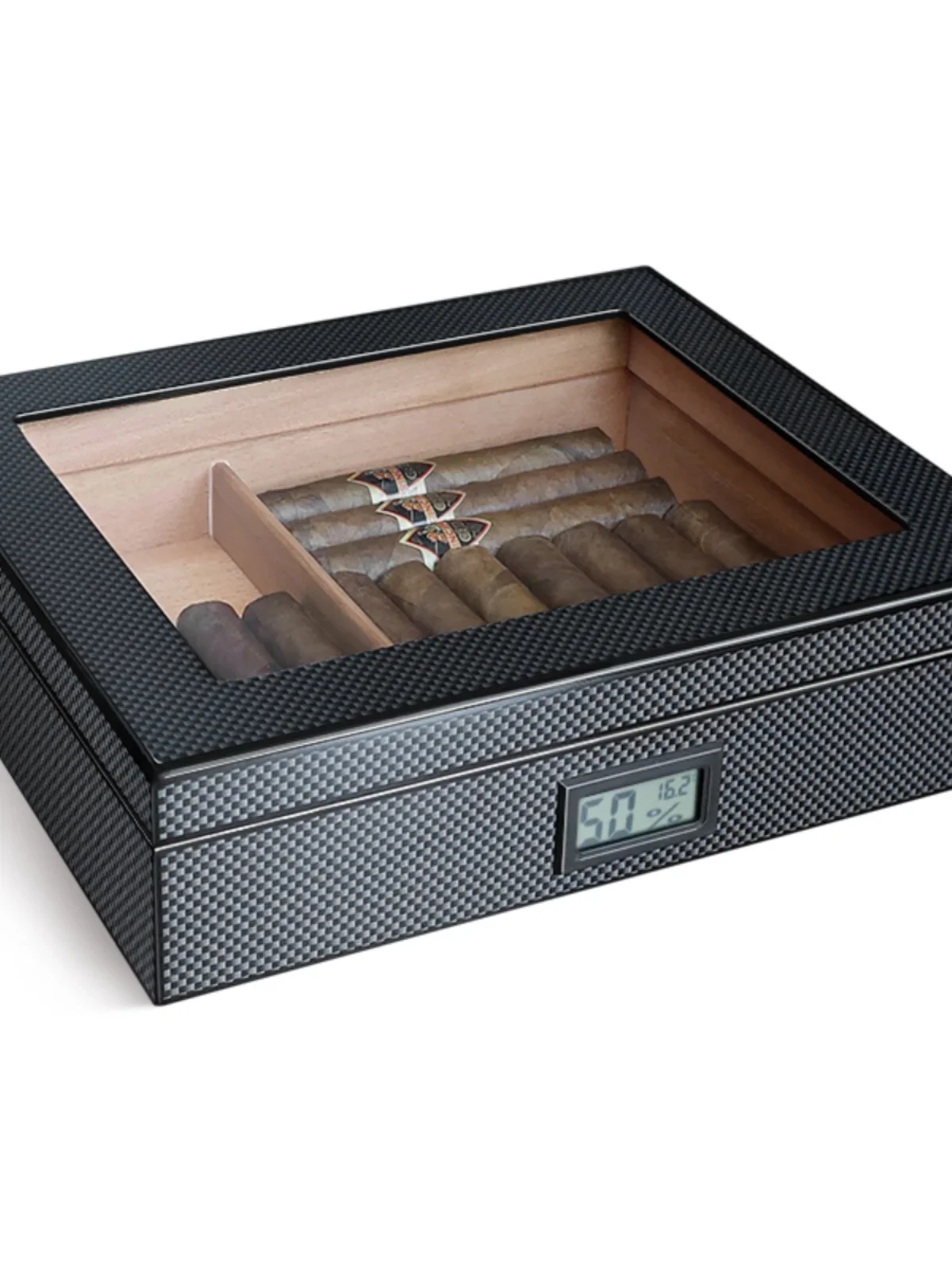 Cigar Humidor Cedar Wood Portable Box Carbon Fiber Cigar Box Large Capacity Airtight Storage Box