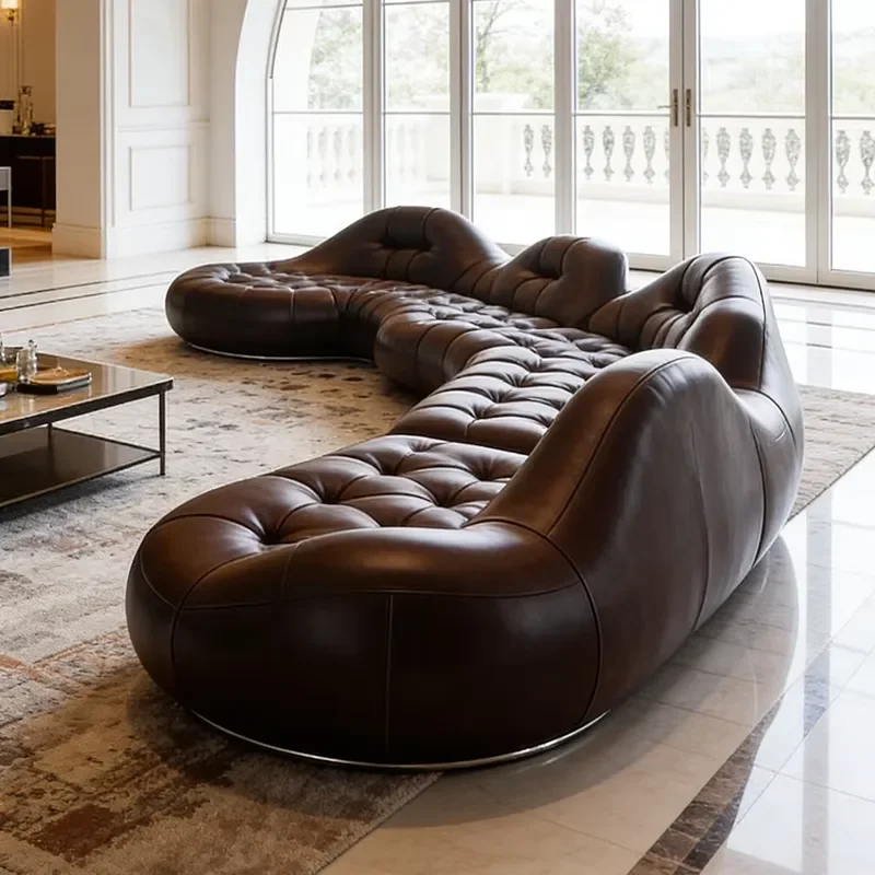 Modern Luxury Curved Leather Sofa Tufted Brown Chesterfield Style Large Living Room Furniture Elegant Curved Design Couch
