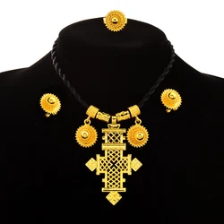 India 24K Gold Plated Cross Jewellery Accessory Set Dubai Ethiopian Necklace Pendans/Earrings/Ring African Wedding Bride Gift