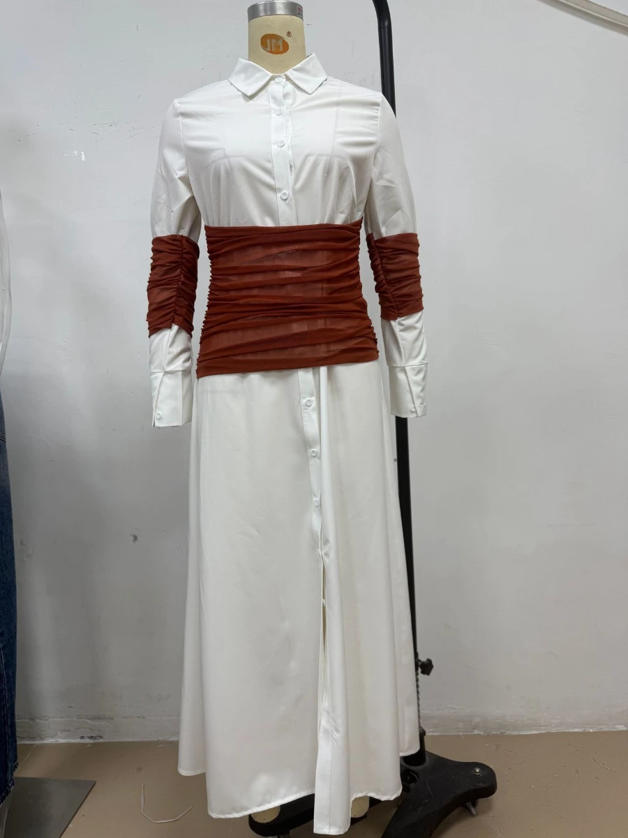 TWOTWINSTYLE Pendler Stil Split Maxi Kleid für Frauen Revers Langarm Patchwork Bandage Abnehmen Hemd Kleider Weibliche Mode