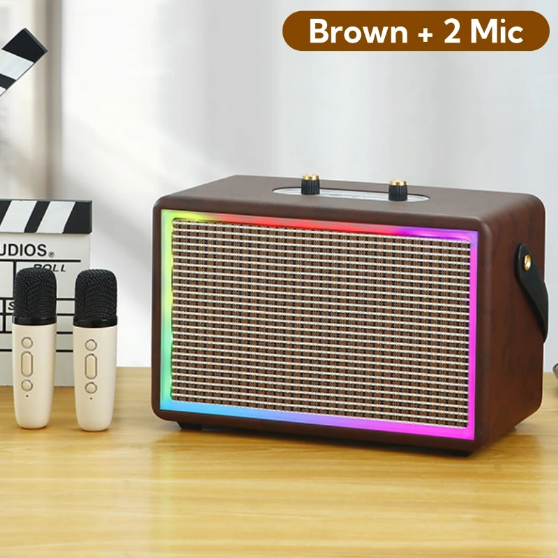 Hot Selling Large-capacity 4500mAh Leather Texture Portable Wooden Home Karaoke Speaker with Microphone Outdoor Bluetooth Sound