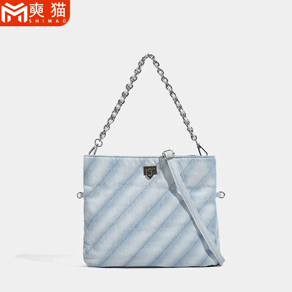 

High-End Portable Shoulder Bag For Women Girls Striped Fashion Commuter Denim Cross-Body Bag Fragrance Style Shoulder Handbag