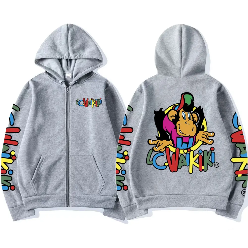 Felpa con cappuccio con cerniera grafica scimmia di vendita calda Lc Waikiki scimmia felpe con zip con stampa fronte-retro uomo donna moda streetwear