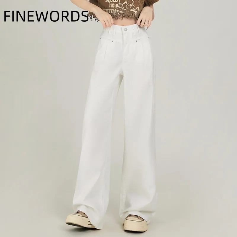 

FINEWORDS Vintage White Baggy Jeans Women Korean Casual Streetwear Harajuku Wide Leg Jeans High Waist Solid Denim Pants