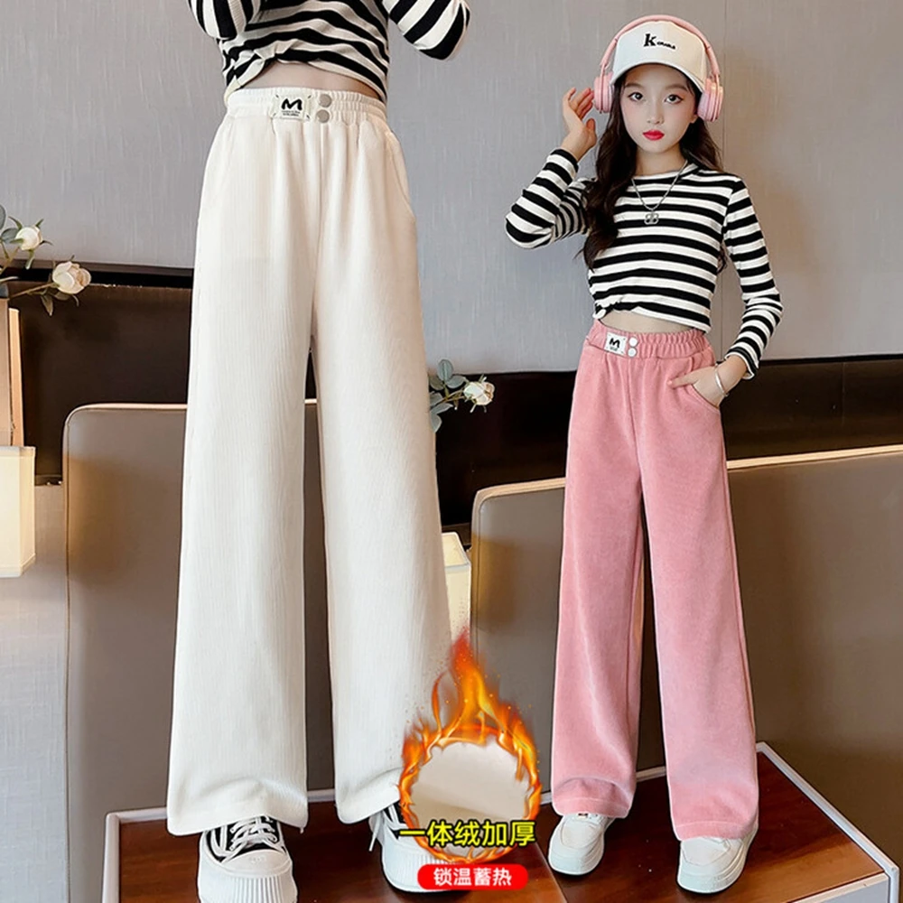 Young Girls Wide Leg Pants Loose Oversized Sports Trousers For Teens Children School Casual Pants Kids Clothes 5-14Years