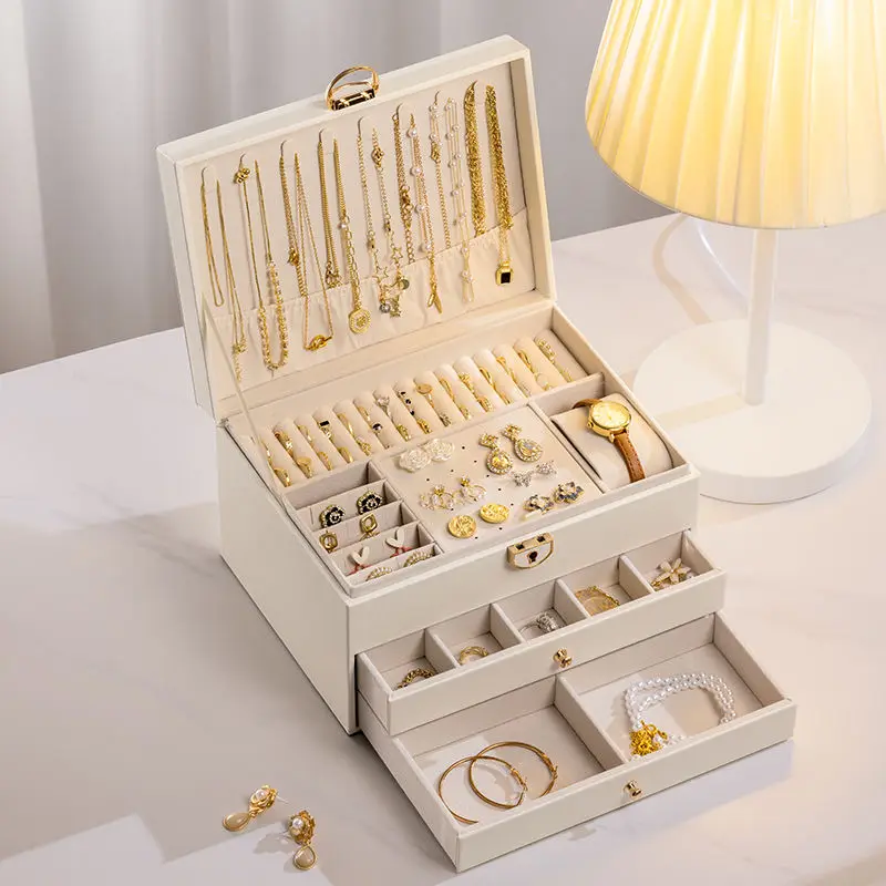 Three Layers New Retro High Quality Pu Jewelry Box With Necklace Hook  Earrings Ring Bracelet Storage Case Green  Colors