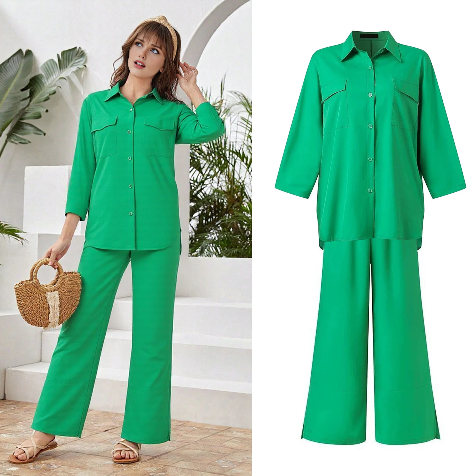 

Fashion Women's Cotton Linen Shirt Set Casual Elastic Waist Drawstring Loose Pants Set 2025 Summer Eleagnt 2 Pieces Sets Outfits