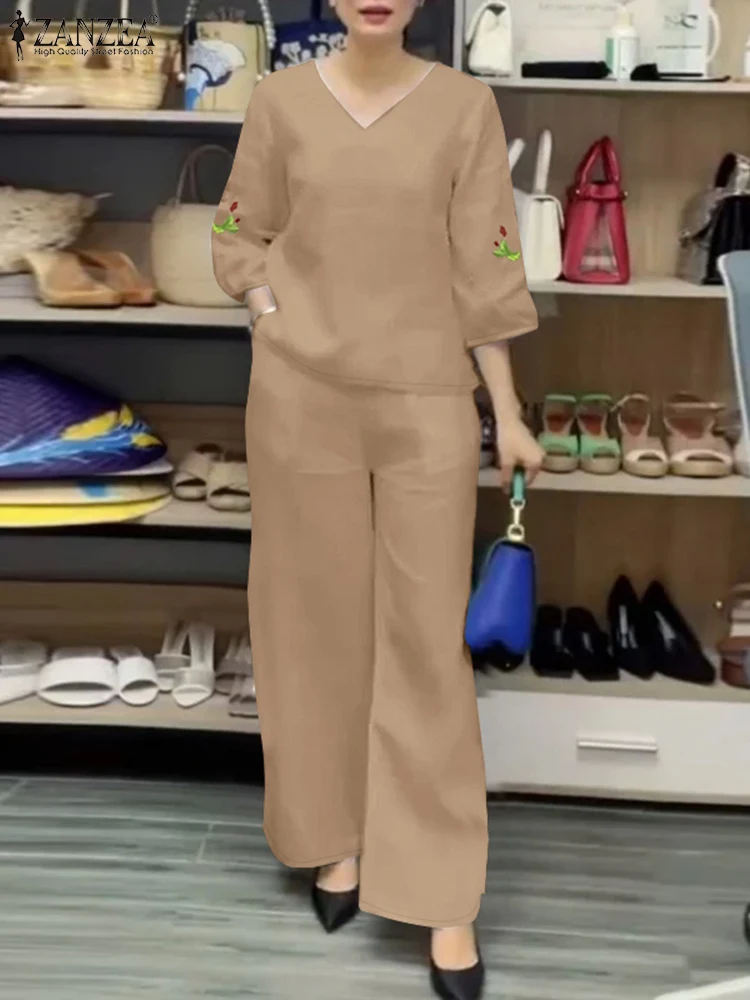 ZANZEA-trajes de pantalones de otoño para mujer, conjuntos holgados a juego con cuello en V, blusa bordada de manga 3/4, pantalones, trajes de 2 uds, chándal informal
