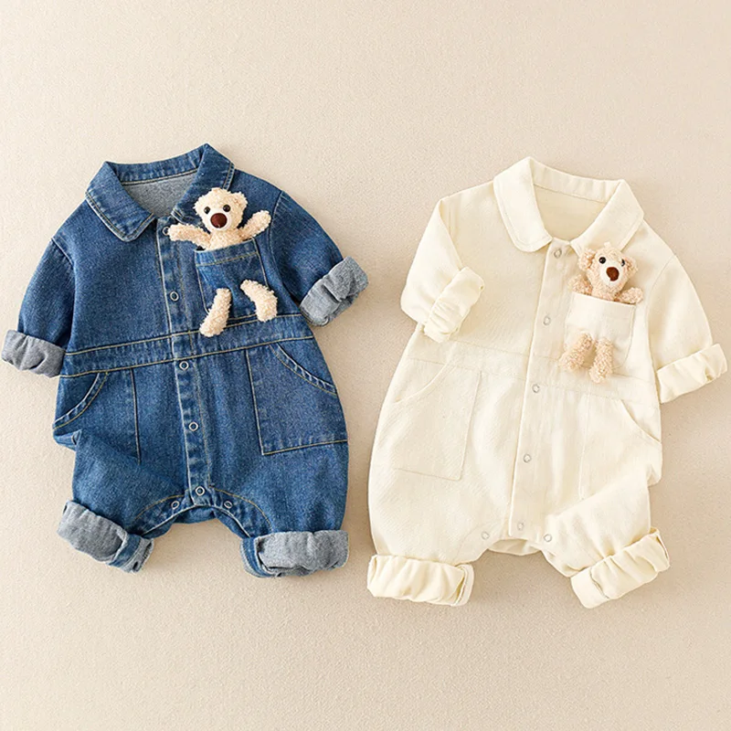 

Spring Denim Baby Jumpsuit Cartoon Pocket Bear Romper for Boys Girls Newborn Overalls Korean Style Onesie Autumn Kids Clothing