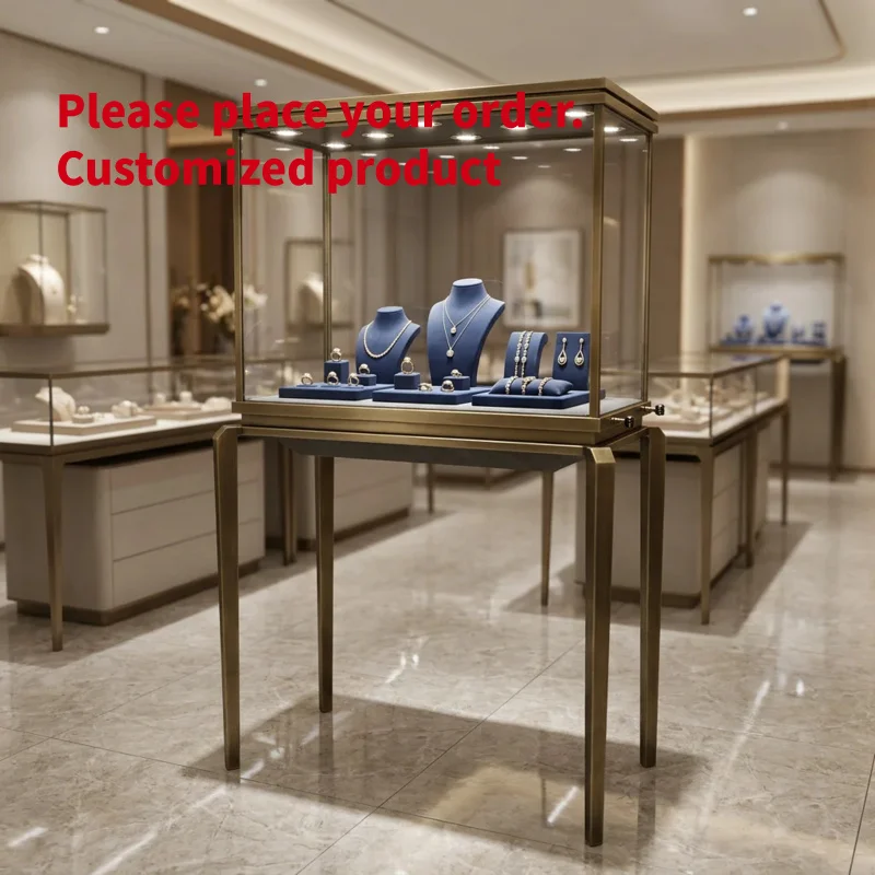 custom.Factory Custom Floor Jewelry Display Cabinet Antique Bronze Frame Glass Showcase LED Lights Retail Store Shopping