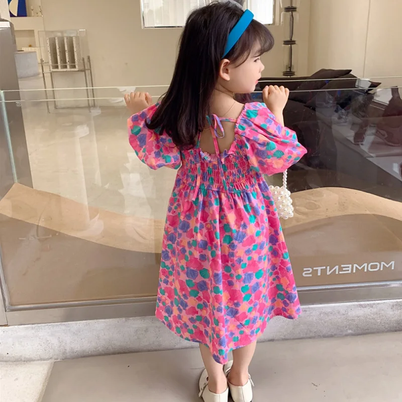 Summer Casual Baby Girls Cotton Sweet Pleat Puff Sleeves Floral Printing Lace Up Back Dress Kids Lovely Outfit Clothing 2-8Years