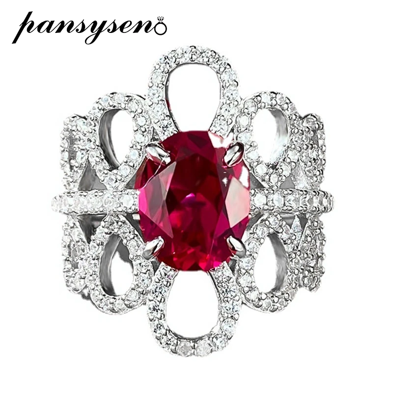 PANSYSEN 100% 925 Sterling Silver Oval Cut 7x9MM Ruby High Carbon Diamond Ring 18k White Gold Plated Wedding Party Jewelry Gift