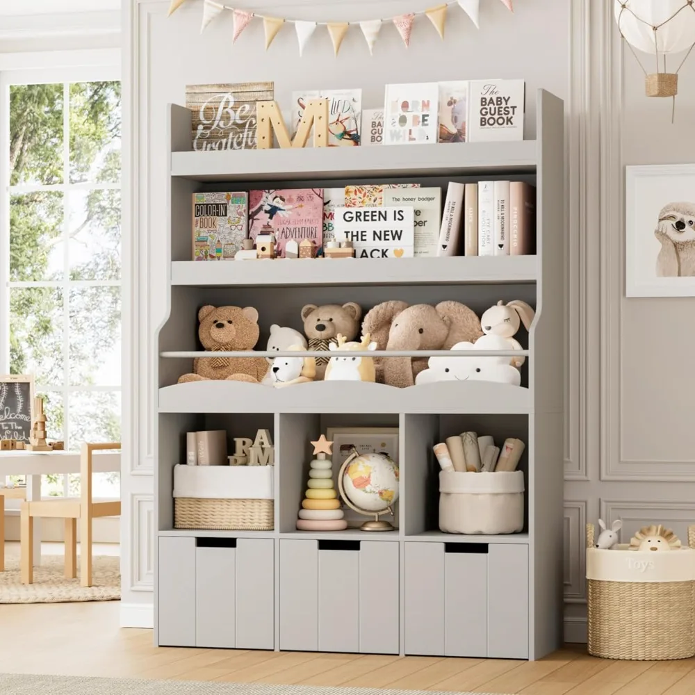 Libreria per bambini da 55,3 pollici con organizer per riporre i giocattoli, libreria alta con 3 contenitori mobili per giocattoli, libreria per bambini di grandi dimensioni con a