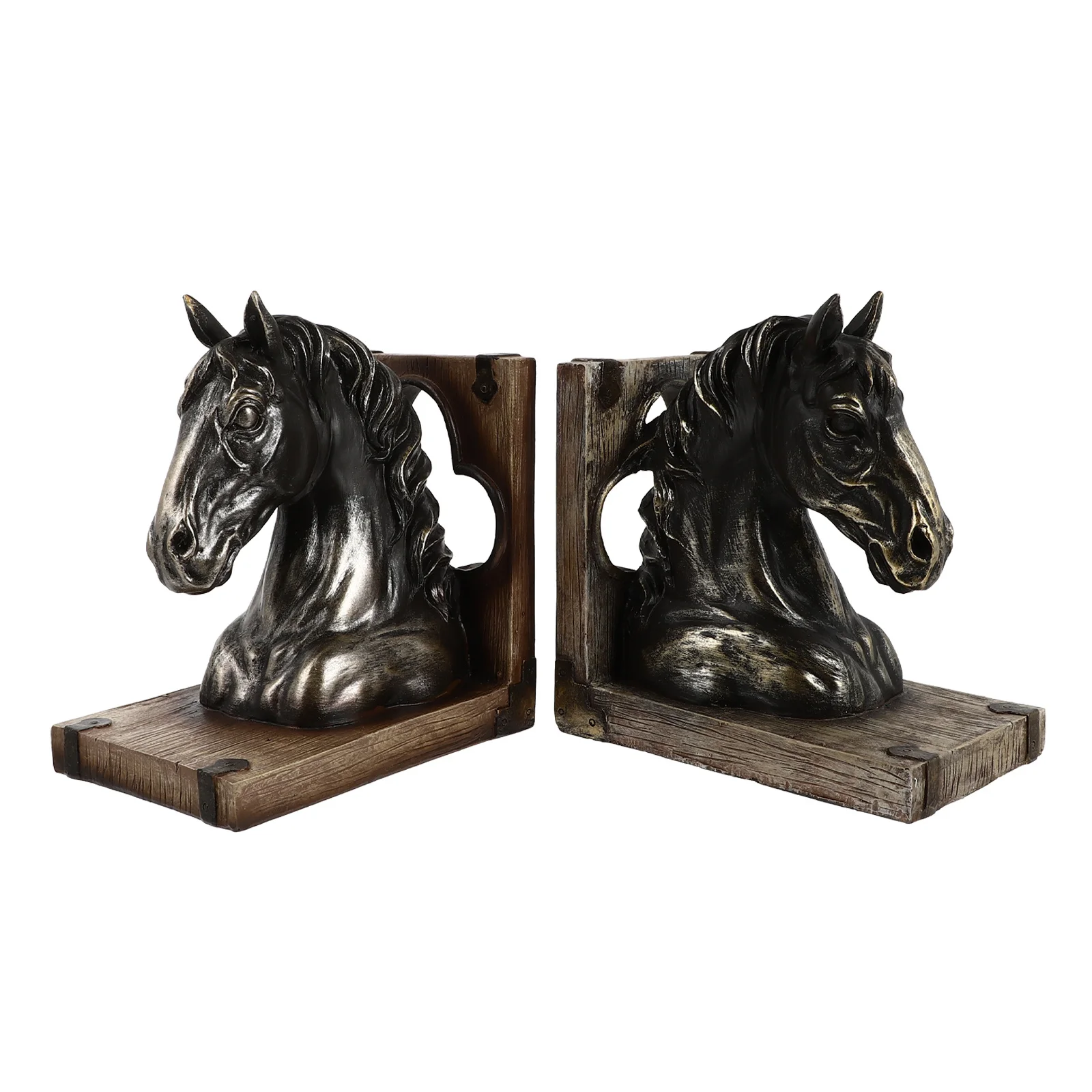 1Pair Resin Retro Bookend Horse Head Design Smooth Grinding No Injury Corner Decorative Bookend for Shelf Or Desk Use