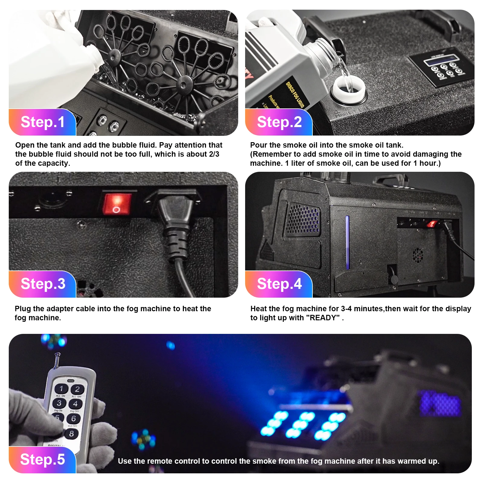 Maszyna do dymu i baniek U`King 1500W LED RGB z pilotem, idealna na imprezy DJ, Halloween, wesela, wytwornica mgły i baniek.
