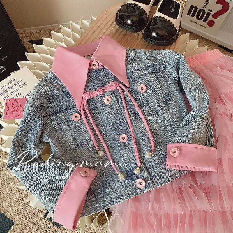 Retail  New Baby Girls Fall Fashion Sets,  Jean Coat +  Pink Mesh Skirts   Princess Sweet Suits  2-9 T