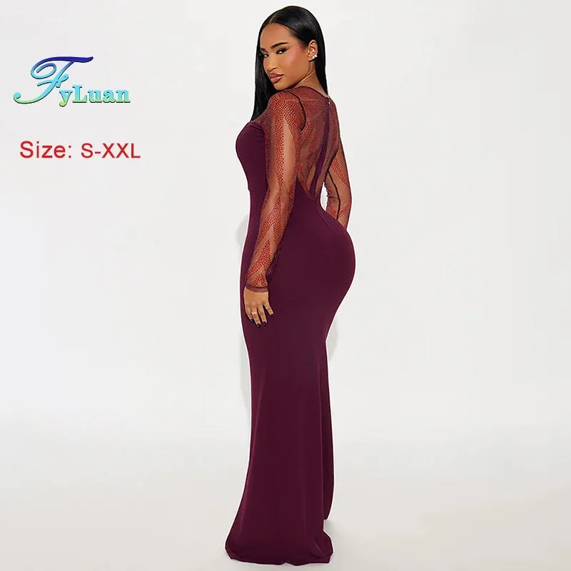 ชุดเดรสยาวผู้หญิง แขนยาว ผ้าตาข่ายซีทรู ประดับเพชร แฟชั่นต่อผ้าตาข่าย ชุดเดรสยาวสำหรับงานปาร์ตี้กลางคืน ชุดเดรสสำหรับสุภาพสตรี